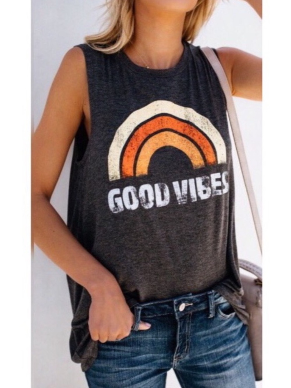 Good Vibes Sleeveless Graphic Tank Top - Charcoal